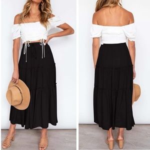 Boho Elastic High Waist Ruffle Maxi Skirt Pockets